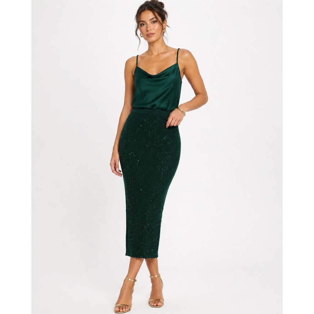 Daniel Rainn Ava Fitted Sweater Skirt Green Sparkle Sequin Midi Size SP NWT